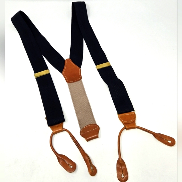 VINTAGE DOONEY & BOURKE BLACK & KHAKI LEATHER BUTTON SUSPENDERS MEN OS *FLAWED* - Picture 1 of 14